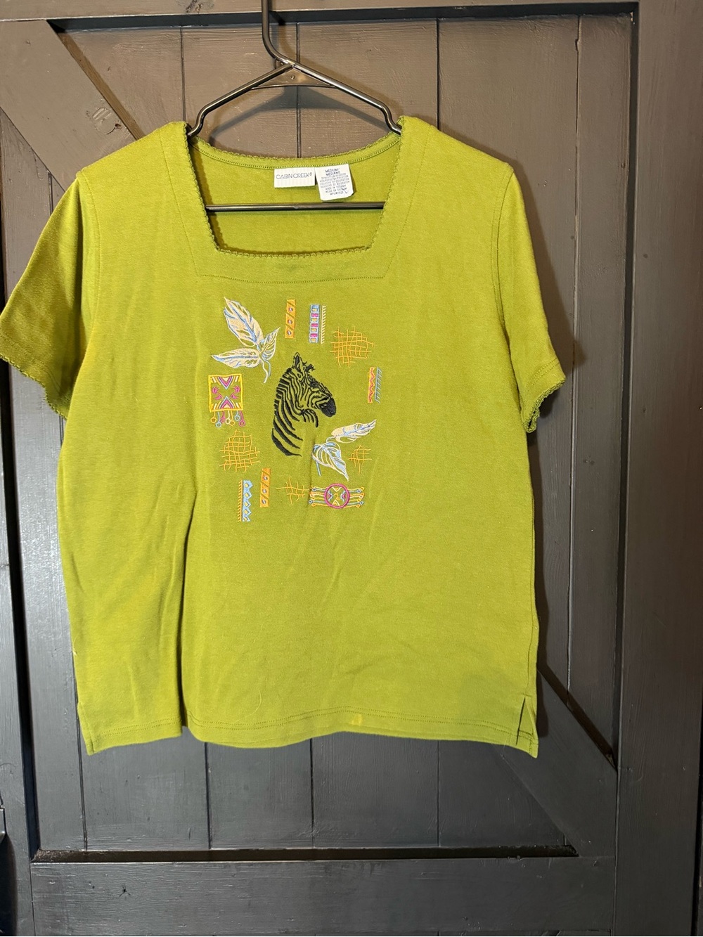 Cabin Creek Lime Square-Neck Zebra Embroidered Short Sleeve Tee